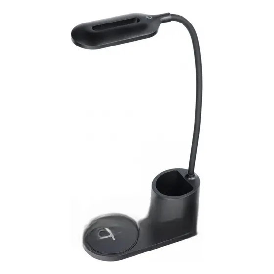 Lámpara De Mesa Inalámbrica+cargador+portalápices Flexible Estructura Negro Pantalla Blanco