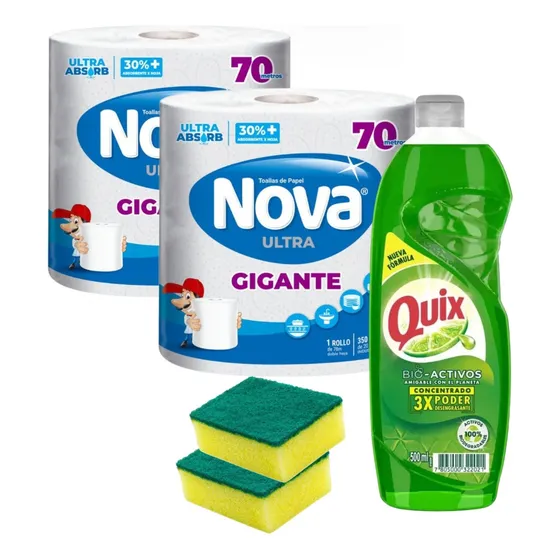 Toalla De Papel Nova + Lavaloza Quiz 500ml + 2 Esponjas