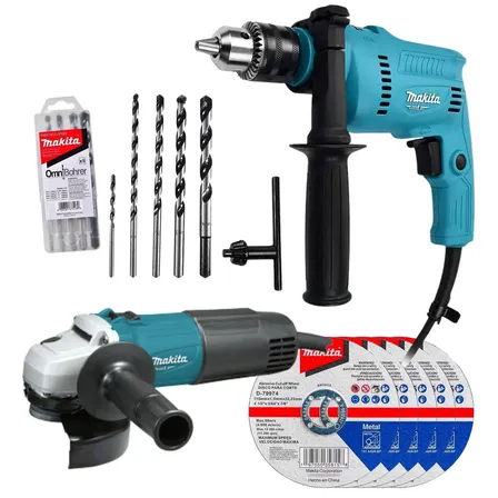 Combo Rotomartillo Makita M0801b 5/8 PuLG. 500w + Miniesmeriladora Makita M0901b 4-1/2 PuLG. 540w Con 5 Brocas D-37029 Y 5 Discos D-79974 Turquesa