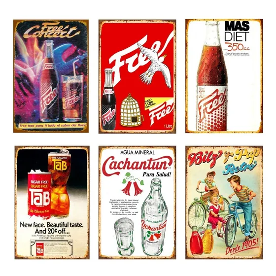 Carteles Metalicos Pack 6 Placas Bebida Free Retro 20x30 Cm
