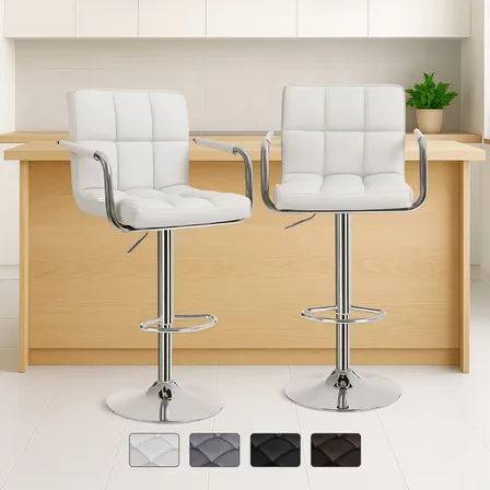 Set 2 Bancos Altos Blick Barra Giratorios Altura Ajustable Respaldo Apoyabrazos 360° Acero Ws98106 Blanco Cromado