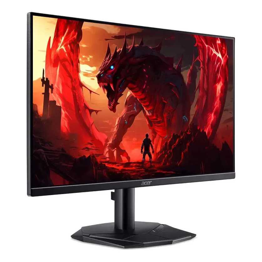 Monitor Gamer Acer Nitro 27 polegadas modelo KG270 P0bi com tela exibindo um dragão vermelho em fundo de paisagem, montado em base preta sobre fundo branco.