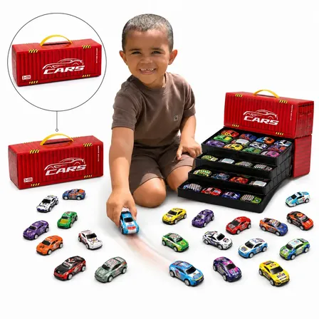 Kit 48 Mini Carrinhos De Fricção Conteiner Pista Brinquedo Menino Cor Vermelho