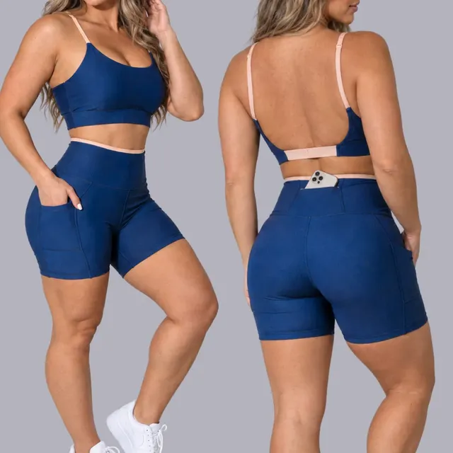 Conjunto Academia Fitness Top E Short Kit Zero Transparência Azul/areia Liso G 40/42