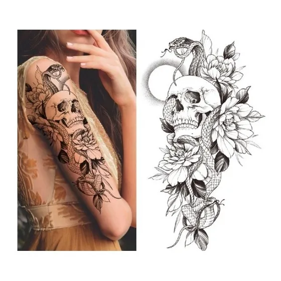 Tatuagem Removível Rosas Caveira Cobra Serpente Floral Fake Cor Preto Florido