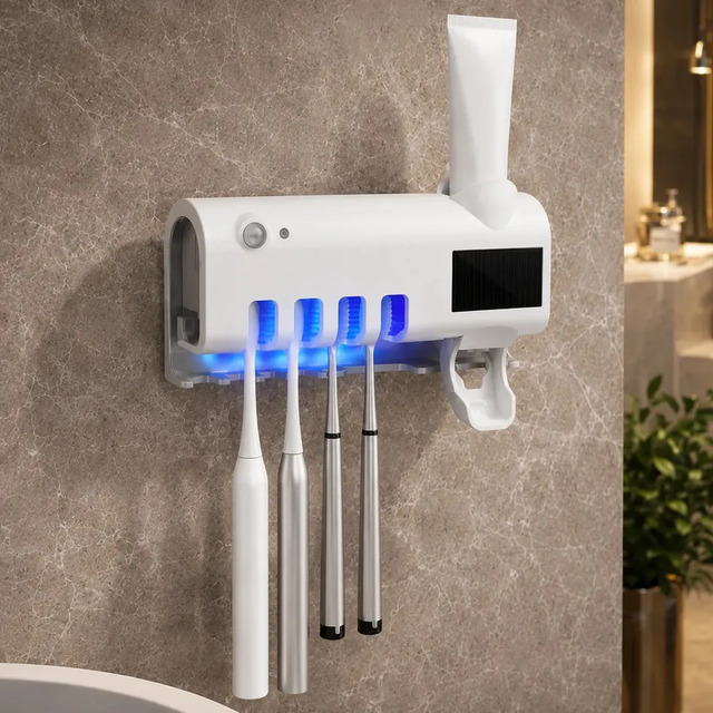 Dispenser Pasta De Dente Com Porta Escova Suporte De Parede Para 4 Escovas Branco Esterilizador Uv Ligeiro Dispenser Pasta De Dente Com Porta Escova Suporte De Parede Para 4 Escovas Branco Esterilizador Uv Ligeiro