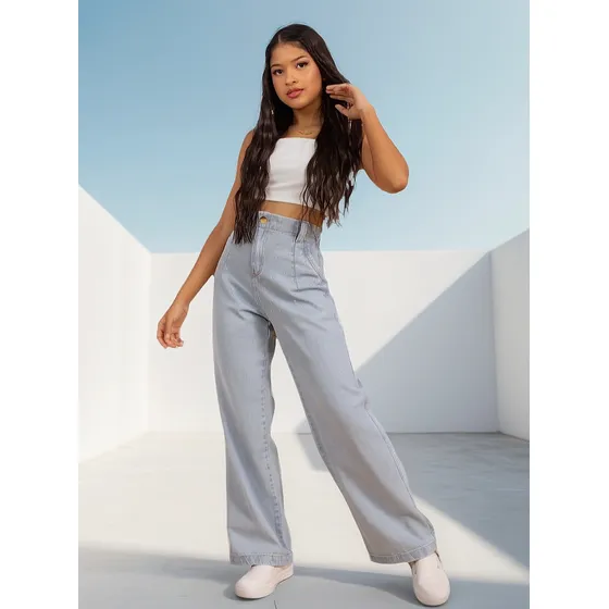 Calça Wide Leg Pantalona Juvenil Feminina Com Detalhe Brilho