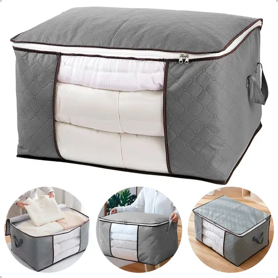Saco Caixa Organizador Multiuso Edredon Cobertor Roupa Zíper Cor Cinza