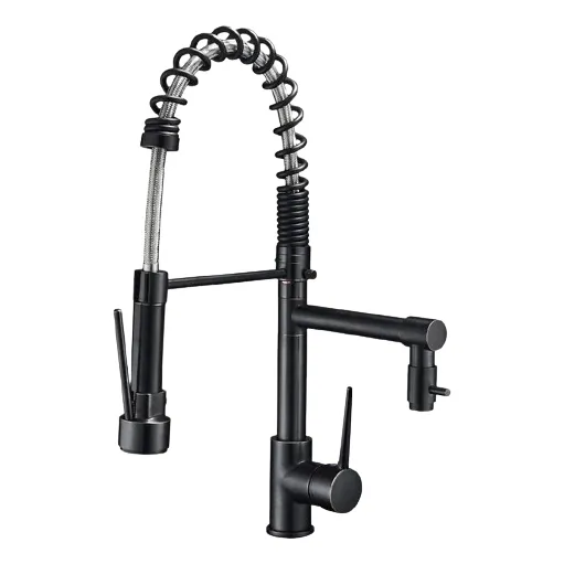 Grifo Con Resorte Y Mango Doble Para La Cocina, Accesorio De Fregadero Mezclador Doblecomando De Lavado De Doble Flujo Estilo Resorte Specule Con Mangueras De Conexión (negro Mate) Houzze Sun