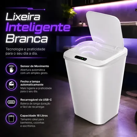 Lixeira Inteligente Automática Smart 16l Branco Recarregável Sensor Banheiro Cozinha Moderna