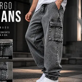 Calça Cargo Jeans Masculina Larga Cós Elástico Streetwear Cinza Grafite Jeans M