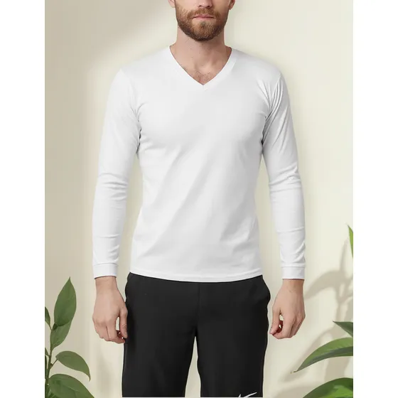 Camiseta Hombre Cuello V Manga Larga Blanca Santana