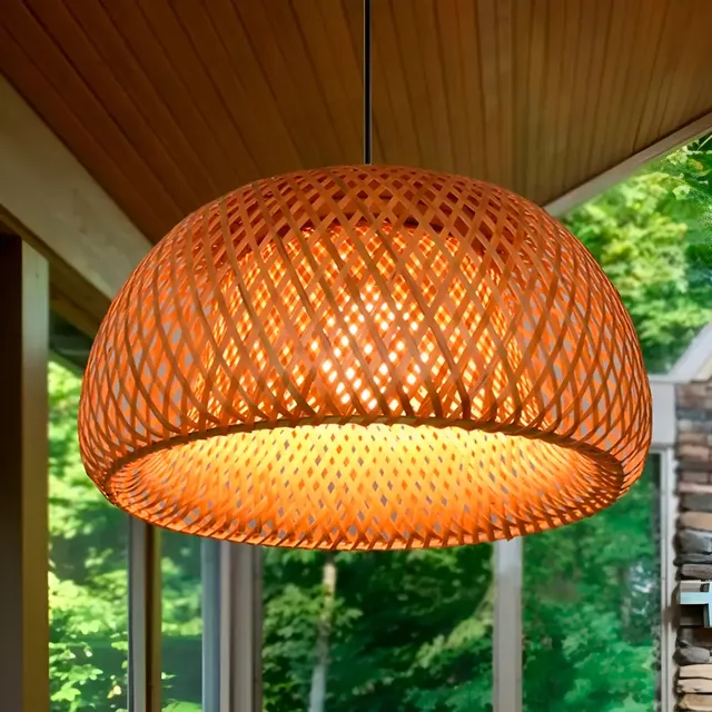 Pendente Luminaria Teto Led Palha Fibra Bambu Bivolt Redondo 127/220v Amarelo