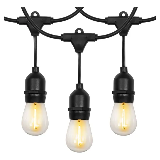 Serie de Luces Vintage LED 15 Focos E26 14.6m 900 lm Luz Cálida 3000K IP65 Exterior Interconectable 120V 15W Ideal para Jardines, Terrazas y Eventos Illux TL-1815.N