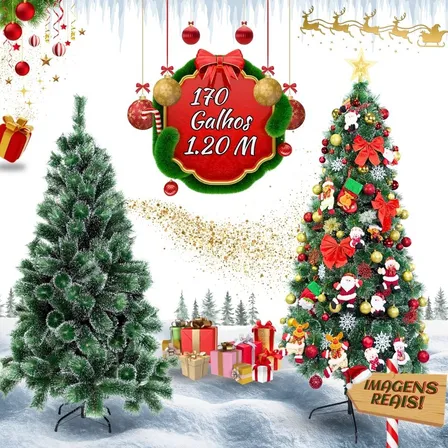 Árvore De Natal Pompom Verde Com Neve Nevada Luxo Pequena 1,20m 170 Galhos Cheia Premium Luvinco