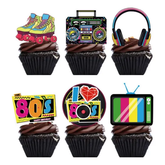 Set Decoración Topper Cupcakes Retro 80s Cumpleaños 24 Pcs