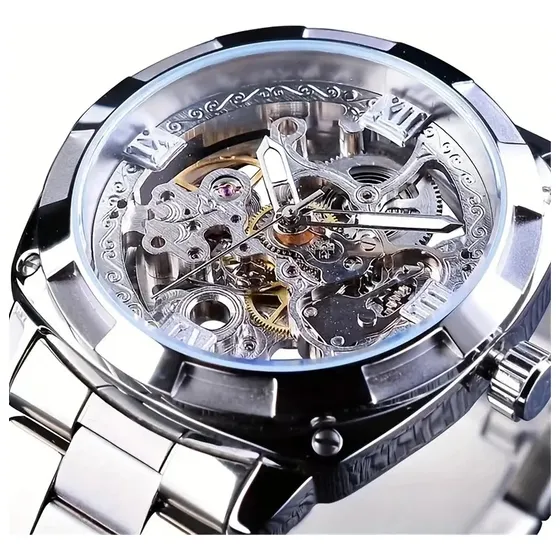 Reloj Mecánico Esqueleto Casual Elegante Para Hombre Correa Plateado Bisel Plateado Fondo Plateado