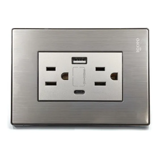 Toma Corriente Con Tierra + Usb Y Tipo C Serie Inox