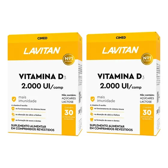 Kit 2 Lavitan Vitamina D 2000 Ui 30 Comprimidos Suplemento Alimentar Uso Diário Sem Sabor