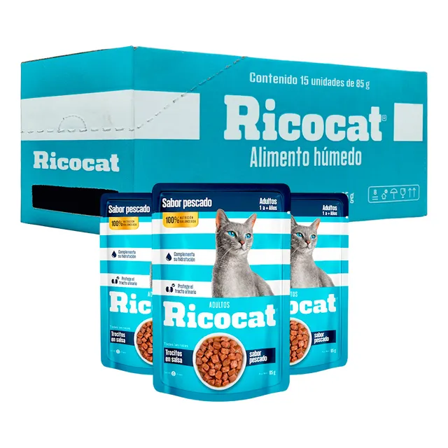 Pack Caja X15 Comida Húmeda Para Gato Ricocat Pescado 85gr