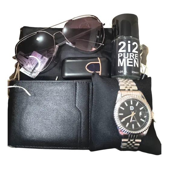 Box Hombre Exclusivo Perfume Reloj Billetera 5 Productos