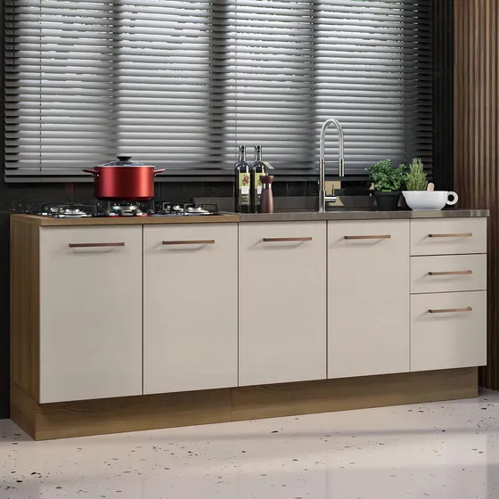 Kit Gabinete Bajo Cocina Madesa Agata 200cm Sin Encimera Color Marrón/Crema