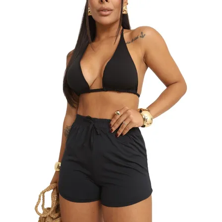 Conjunto Trikini 3 Peças Biquini Short Moda Praia Tendência