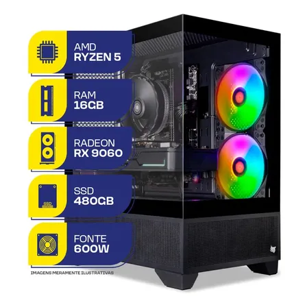 PC Gamer MCL, AMD Ryzen 5 5500, RX 9060 XT 8GB, 16GB DDR4, SSD 480GB, Fonte 600W