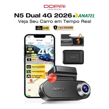 Câmera Veicular Automotiva DDPAI N5 Dual 2026 Dashcam com Monitoramento Remoto 4K HDR +1080P Visão Noturna 2.0 GPS Wi-Fi 5G, Câmera para Carro com Detecção de Movimento por Radar, Camera