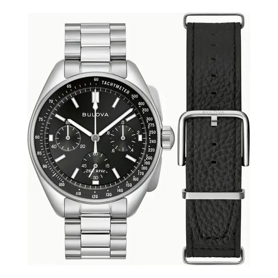 Arquivo Histórico Bulova 96k111: Pulseira de relógio masculina Lunar Pilot, cor: prata, moldura, cor de fundo preta