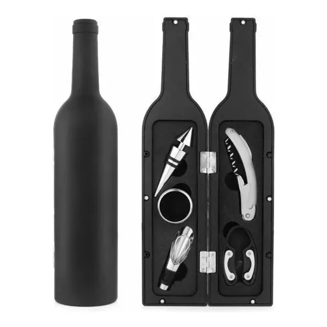 Botella Vino Kit 5 Accesorios Destapador Saca Corcho Regalo Negro Mate