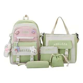 Set 5 Mochila Bolsas Escolar Estudiante Lapicera Tote Lona Color Verde Claro Abeleza A32