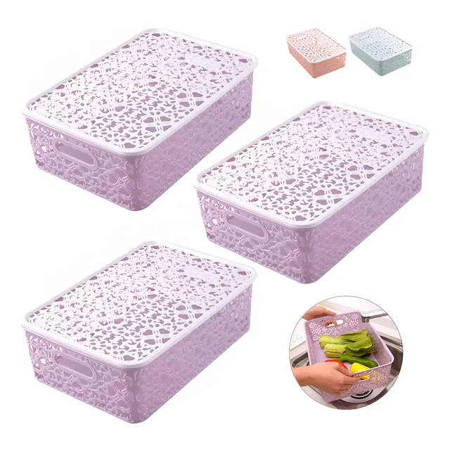 3pz Cesta Canasta Almacenamiento Organizador Tapa Multiusos