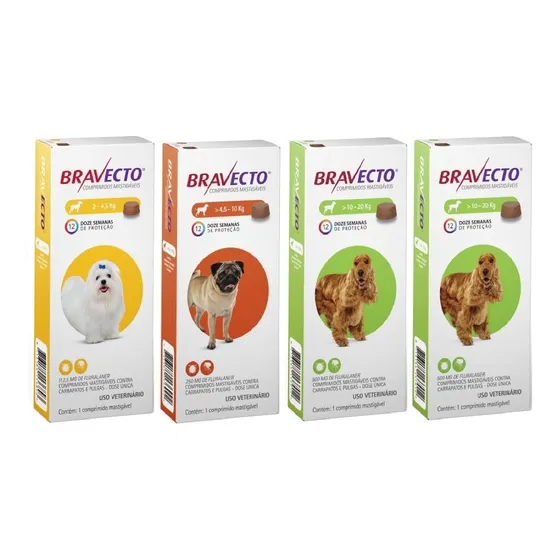 Bravecto  ( 1 ) 2 A 4 ,5 Kg  ( 1) 4,5 A 10  ( 2 ) 10 A 20kg 