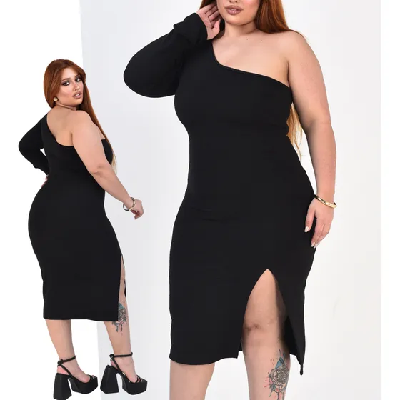 Vestido Plus Size Midi Manga Longa Fenda Elastano Até G4