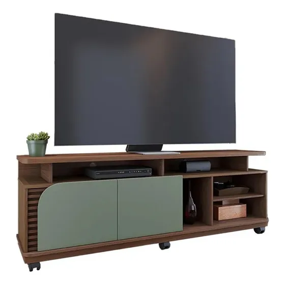 Rack Tv 2 Puertas Varios Estantes Y Ruedas Hasta 65 Pulgadas Verde Musgo
