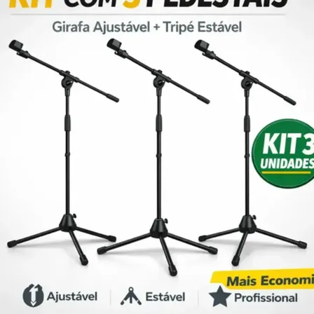 Kit 3 Pedestais de Microfone Don Caprini Tripé Ajustável com Cachimbo para Estúdio e Podcast