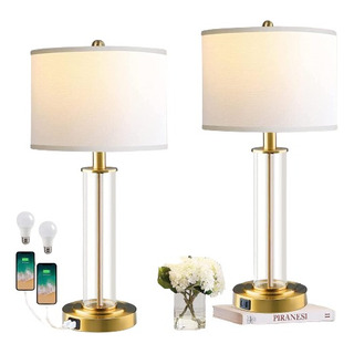 Juego Par Lampara Buro E26 Recamara Color Oro Con Usb Vidrio Juego Par Lampara Buro E26 Recamara Color Oro Con Usb Vidrio