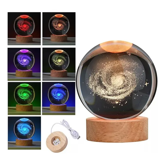 3d Lampara De Noche Led Galaxia Bola Cristal, Sistema Solar,luz Nocturna Colorida Led 3d Galaxia Bola De Cristal,base De Madera Regulable Modelo De Planeta De Amigos Y Amantes Navideños Para Niños