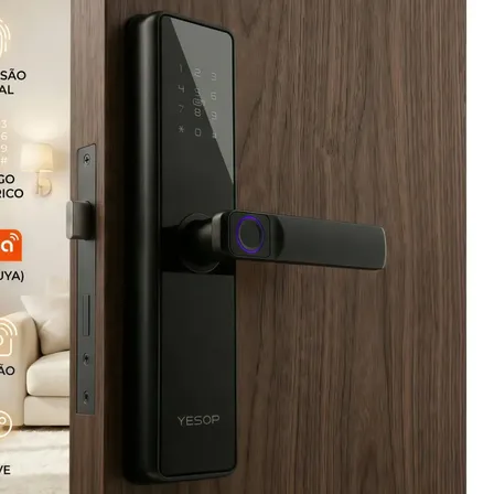 Fechadura Eletrônica Digital Inteligente Wi-fi Biometria Impressão Digital Senha Cartão Tag App Tuya Chave Embutir Com Maçaneta Porta Madeira Alumínio