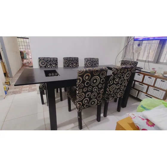 Juego De Mesa ( Negra) Extensible + 6 Sillas Negro Y Blanco Negro Circulo
