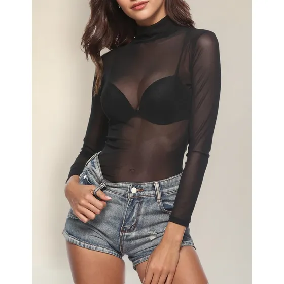 Moda Sexy Playera Mujer Playera Manga Larga Transparente
