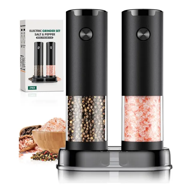 Pimentero Y Salero Eléctrico Gourmet Negro Con Luz Led +base