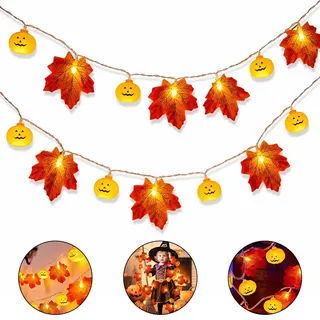 3m 20 LED Cuerda de Luz Diseño de Calabaza y Hoja de Arce Decoración de Halloween para Exteriores e Interiores Decoración de Fiesta Iluminación Decorativa para Jardín Hogar
