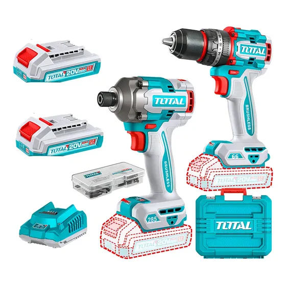 Kit Inalámbrico Total 20v Sin Carbones : Atornillador Impacto 1\u002F4'' 285NM + Percutor 66NM - Con 2 Baterías 2.0Ah Litio-Ion, Cargador, Maletín, Dados Y Puntas - TCKLI20277 | Cuotas sin interés