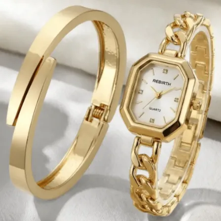 Kit Relógio Feminino Dourado Com Pulseira Bracelete Luxo Dourado