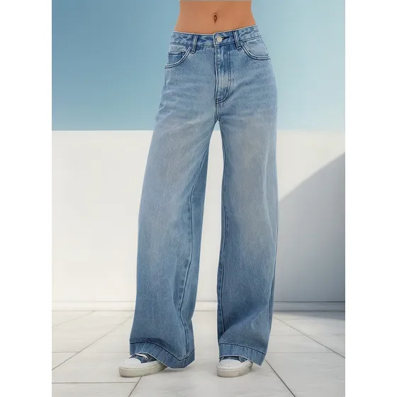 Vaqueros Largos De Talle Alto De Color Liso Para Mujer