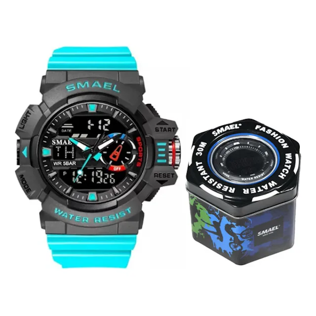 Reloj Deportivo Smael 8043 Azul Hora Doble Cronometro 50 M
