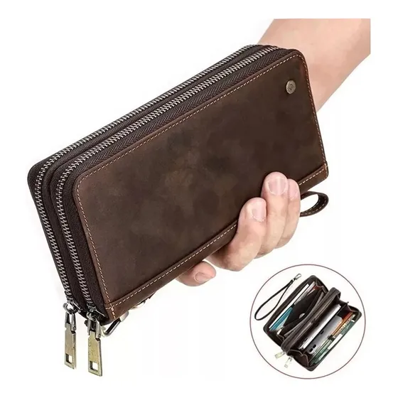 Cartera De Cuero Genuino Para Hombre, Bolso De Mano