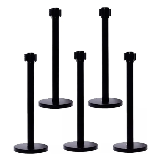 Set De5 Postes Y Cinta Negra Retráctil Para Control De Filas